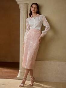 MOTF PREMIUM 提花花卉图案撞色亮片开衩直筒裙 - 粉色 - 查看 6