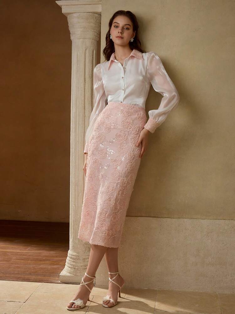 JACQUARD FLORAL PATTERN CONTRAST SEQUIN SPLIT HEM STRAIGHT SKIRT