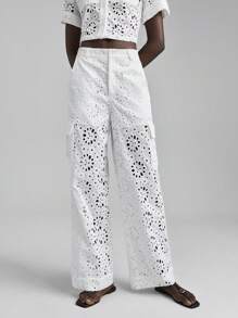 Ontre 2025 White Loose Casual Embroidered Hollow-Out Fabric Cargo Pants, Baggy Beach Bohemian Style For Women