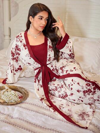 CottageSlumber 花卉印花荷叶边加大码睡袍，吊带背心和裤子睡衣套装，假日季，舒适优雅的细节设计，秋冬服装