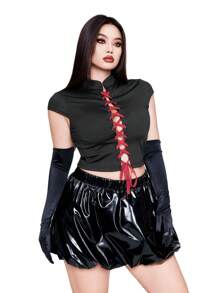 Flirla Camiseta diaria de talla grande para mujer, con cuello alto, efecto color block y cordón - Negro - Ver 7