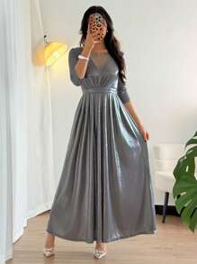 Strévra Women V-Neck Waist Cinched Long Dress