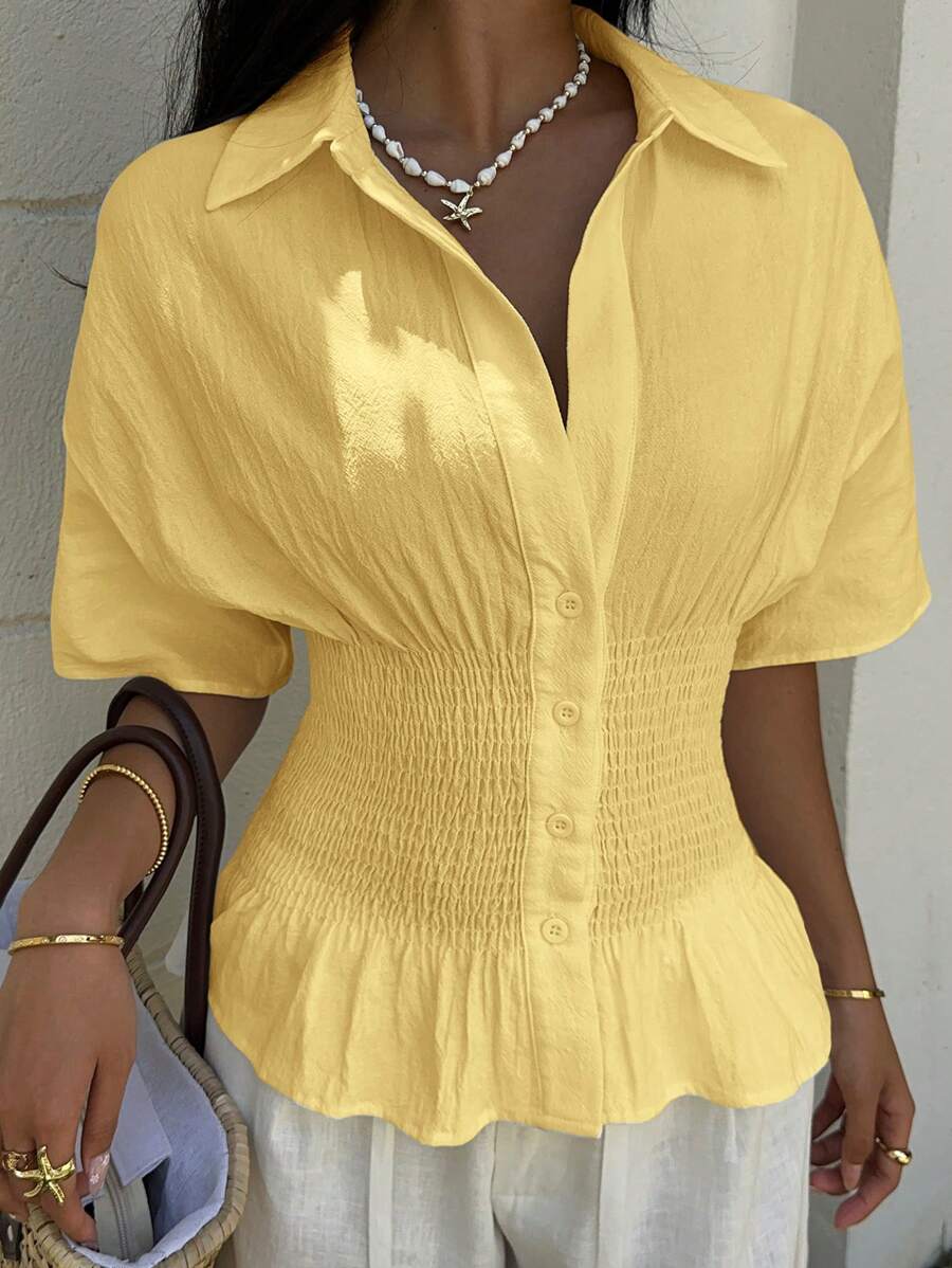 SHEIN EZwear 女式黄色编织束腰纹理夏季休闲短袖衬衫 - 黃色 - 查看 1