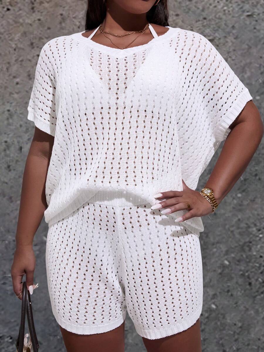 EMERY ROSE Plus Size Women's Solid Color Lightweight V-Neck Batwing Knit Top, Suitable For Spring/Summer Commute - White - View 1