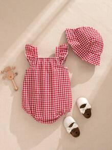 Souflis Souflis Body sin mangas con escote descubierto y volantes para bebé niña, con decoración de volantes en la cintura + Sombrero de cubo