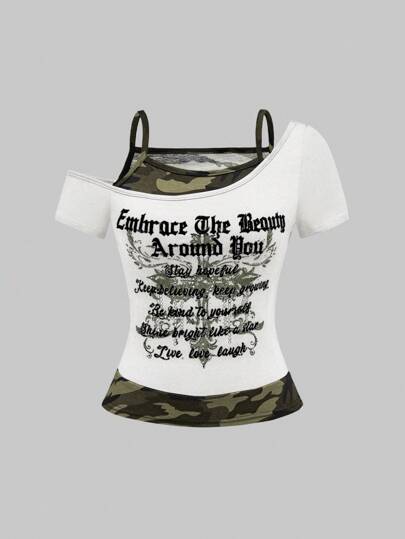 Women's Casual Camouflage Patchwork Slogan Print Asymmetric Collar T-Shirt, Summer