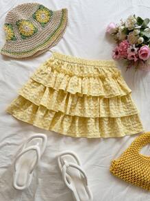 Soleia 女士假期黄色编织提花纹理低腰分层荷叶边下摆 A 字迷你裙，适合派对、约会、聚会、假期、海滩、游轮、城市度假、婚礼季、下午茶、学校/毕业季 - 黃色 - 查看 4