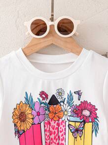 SHEIN Girls Kids Summer New Pencil Print Simple Round Neck Short Sleeve T-Shirt + Cute Flared Pants Casual Sports Suit, Back To School Versatile Outfit - Multicolor - View 9