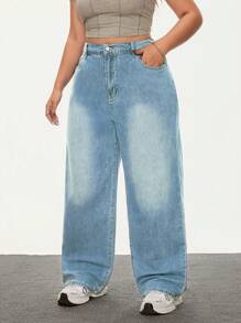 SHEIN ICON Plus Size Women Pocketed Wide Leg Loose Casual Versatile Jeans