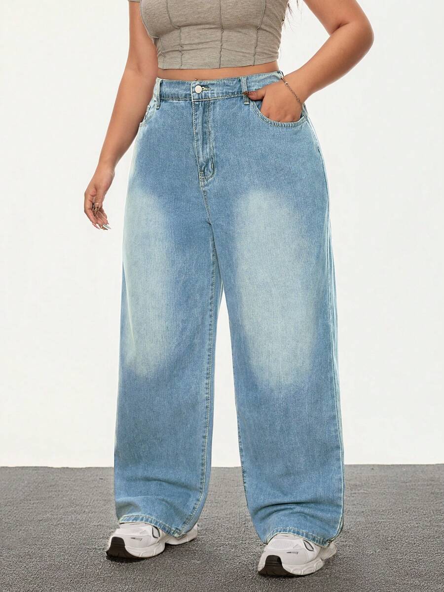 SHEIN ICON Plus Size Women Pocketed Wide Leg Loose Casual Versatile Jeans