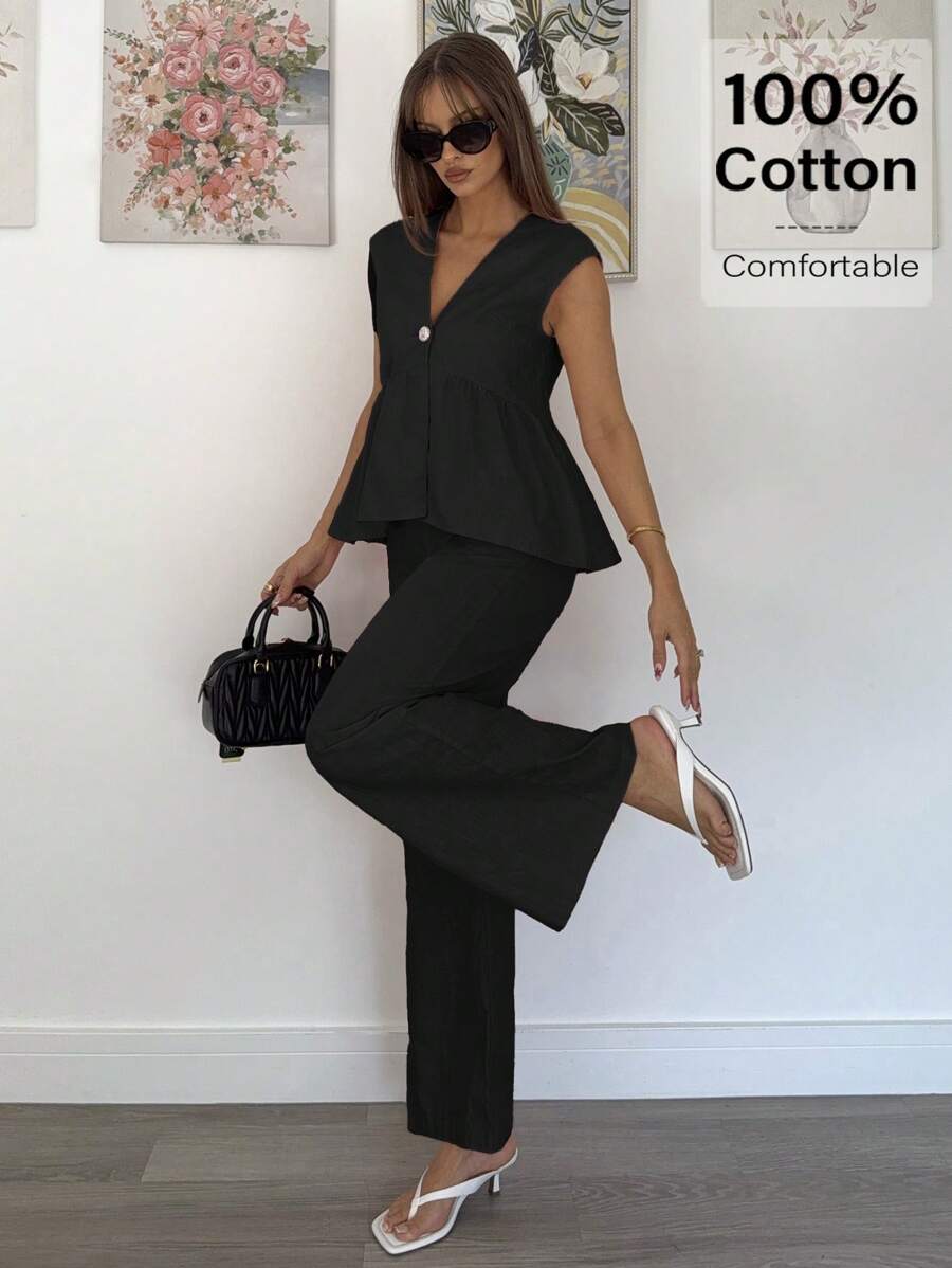 Siren Gaze Set de 2 piezas de ropa de verano informal de mujer con top de tirantes y pantalones de unicolor, conjunto de 2 piezas de algodón, conjunto informal de mujer, ropa de mujer de 2 piezas, conjunto de 2 piezas para mujer