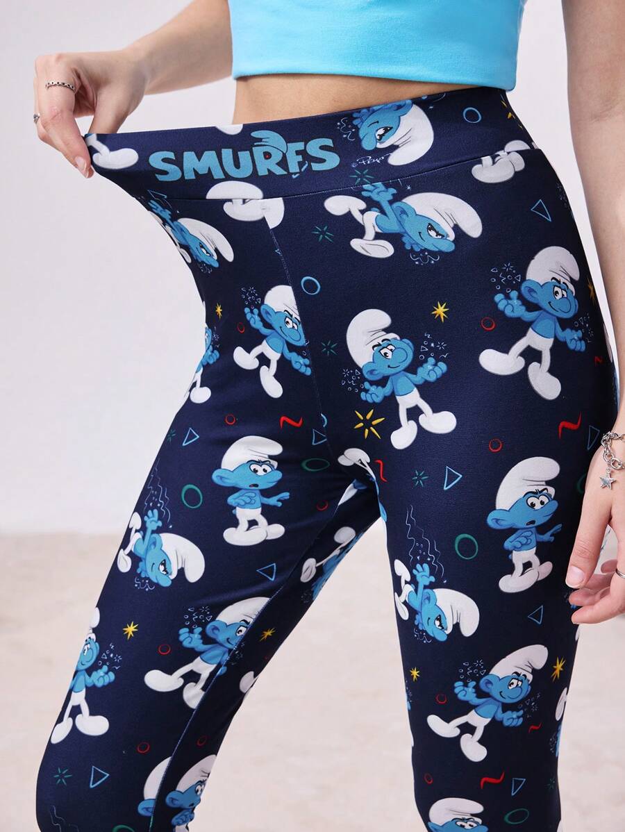 The Smurfs X SHEIN Women's Summer Navy Blue Cute High Waist Cartoon Pattern Leggings Cycling Leggings Vacation