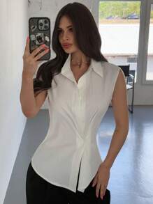 Firerie Blusa blanca de mujer, elegante y versátil, ideal para uso diario, de oficina o de vacaciones, sin mangas, con cuello asimétrico, cintura y bajo asimétrico - Blanco - Ver 7