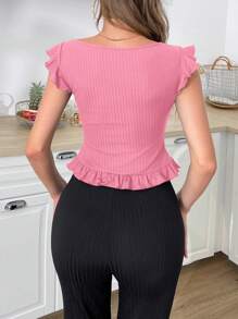 Top holgado con cuello de volantes elegante y sencillo para usar en casa, para vacaciones