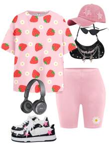 SHEIN 2 件套青少年女孩休闲草莓和雏菊花卉印花短袖 T 恤和紧身短裤套装，适合夏季度假 - 彩色 - 查看 3