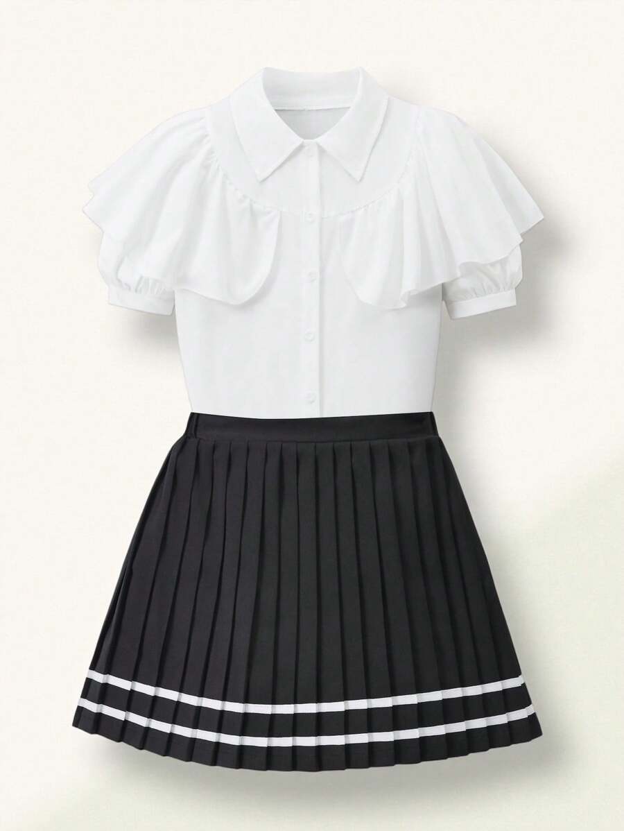 SHEIN Explorewe 两件套校服套装：短款泡泡袖衬衫和拼色百褶迷你裙，适合青春期女孩 - 黑與白 - 查看 1
