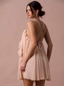 Enchnt Spring/Summer Romantic Women's Apricot Ruffle Hem Backless Loose Camisole Mini Dress,Sweet&Elegant For Vacation&Date&Holiday&Party&Graduation&Wedding Guest&Beach&Boho Chic,Prom Dress,Summer Dresses For Women,Sun Dresses For Women,Summer Clothes