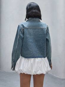 CasuGlow Casual Distressed Cropped Denim Jacket, - Medium Wash - View 2