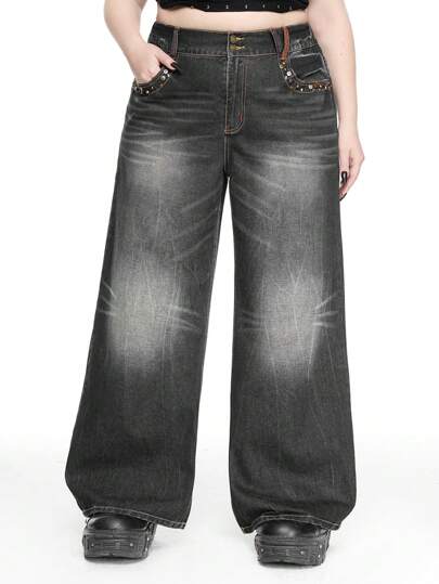 Grunge Punk Retro Streetwear Distressed Studded Design Plus Size Women Loose Low Waist Flare Leg Jeans