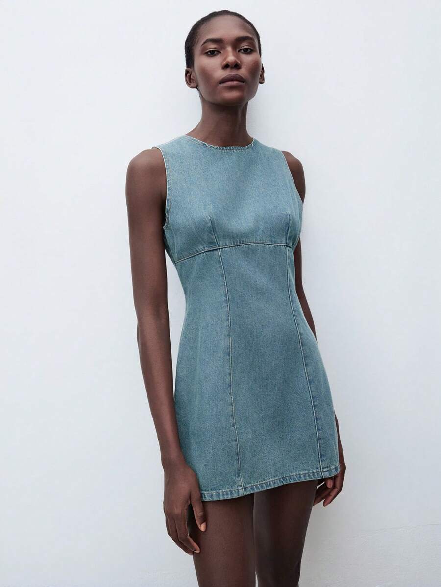 Maija Vestido casual de talle medio de mujer de ajuste ceñido, de cuello redondo y sin mangas, de color azul claro de mezclilla, para uso empresarial y diario - Azul lavado oscuro - Ver 1
