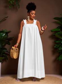 Slaydiva Nuevo Llegado Primavera/Verano 2025, Vestido blanco holgado sin mangas con tirantes anchos y línea A, ideal para vacaciones y casual, tallas grandes