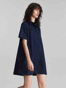 Ontre 2025 Women's Casual Solid Color Loose Short Sleeve Mini Dress, Summer - Navy Blue - View 3