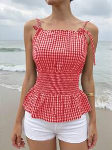 SHEIN EZwear 大码女式波西米亚风红白格子短款无袖上衣 - 紅白色 - 查看 3