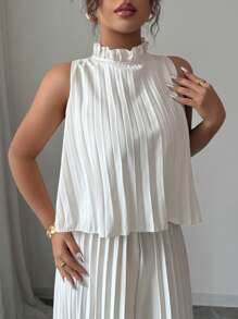 Elenzga Women's Sleeveless Crew Neck Pleated Elegant Romantic Jumpsuit For Vacations - Apricot - View 5