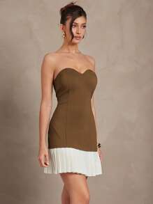 L'Amorae 女士优雅甜心露肩撞色褶边迷你连衣裙，女士工作服，女士夏季服装，商务休闲女装，女士办公室服装，女士工作服 - 彩色 - 查看 2