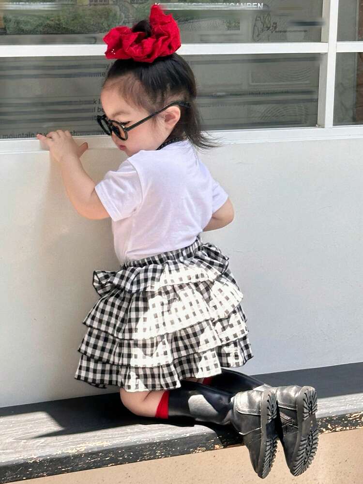 Baby Girl Round Neck Bow Print Casual Short Sleeve T-Shirt + Plaid Skirt Set, Summer