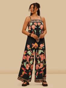 Travachic 大码女式热带夏季波西米亚图案印花背心和裤子两件套 - 黑色 - 查看 5