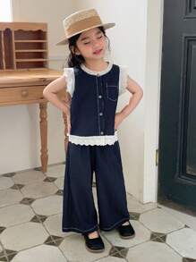 DAZY 女童夏季休闲圆领二合一牛仔上衣和宽松长裤套装 - 藏蓝色 - 查看 4