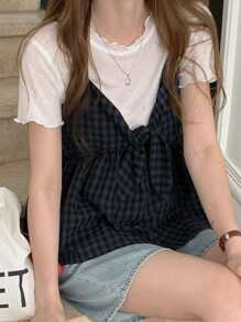 DAZY 女式格子休闲扭纹荷叶边吊带衬衫 2 件套 秋冬 - 寶藍色 - 查看 4