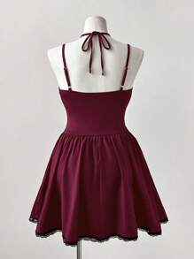 Sunspun Váy dài ren chắp vá chéo cỡ lớn thanh lịch cho ngày lễ, phù hợp cho mùa xuân/hè - Đỏ - Xem 2