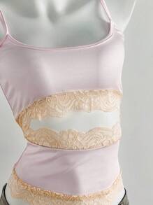 Zolique Women Lace Contrast Color Patchwork Cami Top, Summer - Baby Pink - View 5