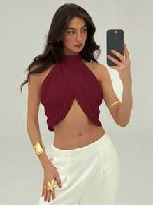 Aloruh Chiffon Urlaubs-Freizeitmode Kreuzausschnitt Rüschenrücken Knopf-Elegantes, sexy Damen Hemd - Bordeaux - Übersicht 6