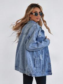 Selenza Button Blue Front Flap Pocket Drop Shoulder Denim Jacket - Medium Wash - View 2