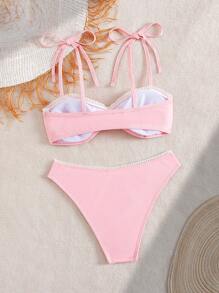 Swim Mod Vacation Beach Sexy Cute Ruffle Bowknot Pink Bikini Set For Summer - Pink - View 7