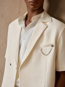 AKNOTIC 2pcs Casual Business Men's Tailored White Short Sleeve Suit Blazer Set, With Chain Decoration, Suitable For Summer, Vacation, Wedding, Party, Graduation Gift Men White Suit Set Men's Co Ord Set Cream Outfit Men Resort Outfit Two Pieces Set - White - View 5