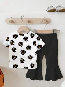 Bộ đồ mùa hè 2 món áo thun cổ tròn tay ngắn in họa tiết hoa cổ điển cho bé gái và quần ống loe dệt kim màu đen - Nhiều màu - Xem 2
