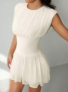 SHEIN PETITE 1pc Women Solid Color Elegant Ruched Waist Mini Dress Business Casual Woman,Bodycon Dress