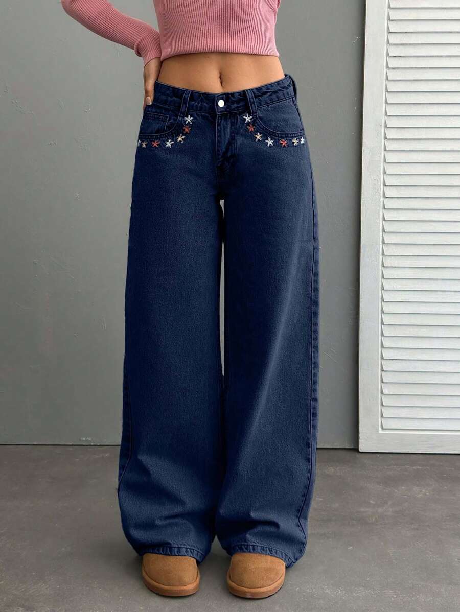 SHEIN Cottnline WOMEN WIDE LEG LOW WAIST CROSS EMBROIDERY JEANS - Dark Wash - View 1