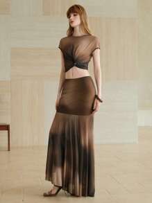 Aveloria Women's Asymmetric Hem Tie-Dye Gradient Digital Print Earth Tone Mesh See-Through Layered Skirt Style Club Halloween Y2k Club Sexy - Coffee Brown - View 3