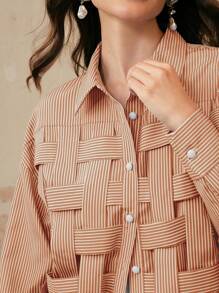 Anewsta Women's Blue Striped Plaid Casual Loose Fitting Long Sleeve Blouse Shirt Top, Spring/Summer Fall - Orange - View 7