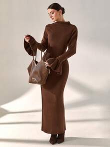 EURMUSE Elegant Draped Mock Neckline Long Sleeve Ruffle Cuff Maxi Bodycon Knitted Solid Color Chic Knitted Dress For Fall Winter - Brown - View 1