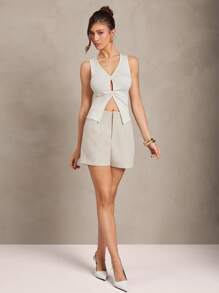 L'Amorae 女士休闲纯色镂空不对称衬衫，夏季 - 杏色 - 查看 3