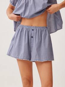 WESTFADE Summer Cotton Gingham Checkered Plaid & Lace Elasticized Waist Relaxed A-Line Ruffle Hem Cute Cowgirl Shorts Spring Beach Vacation - Royal Blue - View 3