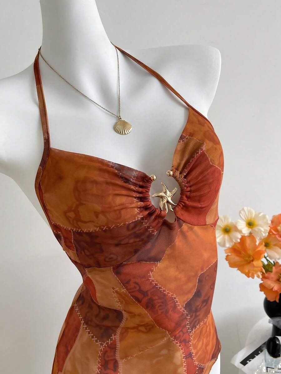 Sweetra Unique Design Asymmetrical Hem Print Tank Top For Women, Dystopian Style Summer Top - Multicolor - View 1