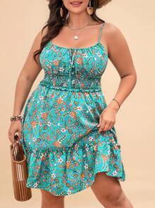 Travachic Abito estivo boho da donna di taglia grande con stampa floreale, scollo con fiocco, volant sull'orlo, per vacanze e primavera, con corpetto