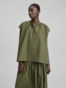 Ontre 2025春夏简约纯色宽松纽扣半开领衬衫，百搭假日、海滩、派对、休闲上衣、节日